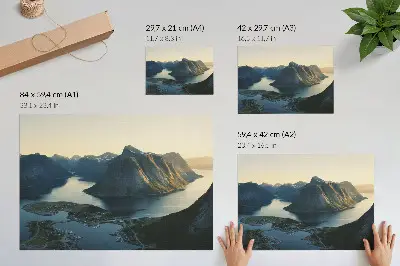Decorative canvas print fjords, mountains, and water at sunset featuring a harmony of nature