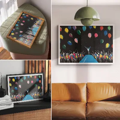 Colorful balloons decorative canvas print contrasting with the black sky