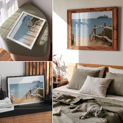 Decorative canvas print Beach ship sea wooden railings sand