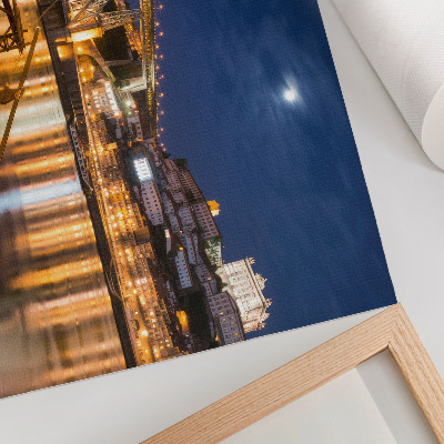 Poster Bridge at night with lights city with water boats
