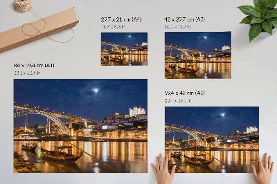 Poster Bridge at night with lights city with water boats
