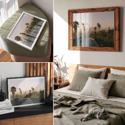 Photo canvas palm trees and city skyline in the sunshine
