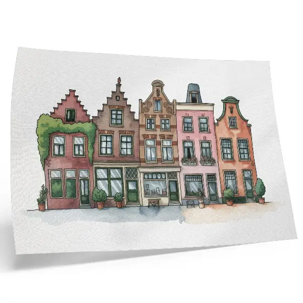 Decorative canvas print featuring picturesque tenement houses with pastel colors in an illustrative style