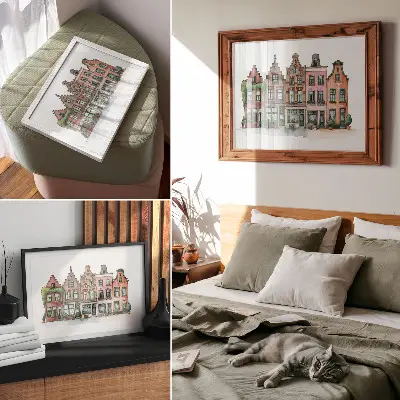 Decorative canvas print featuring picturesque tenement houses with pastel colors in an illustrative style