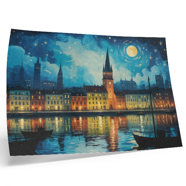Poster Night city reflections water lamp glow