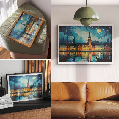 Poster Night city reflections water lamp glow
