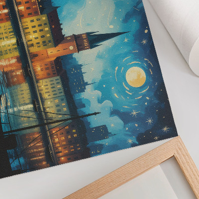 Poster Night city reflections water lamp glow