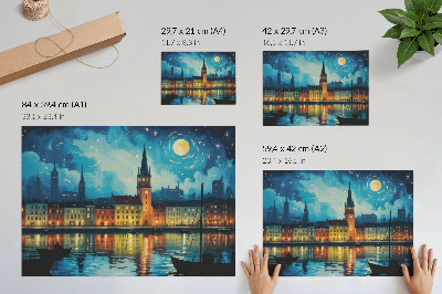 Poster Night city reflections water lamp glow