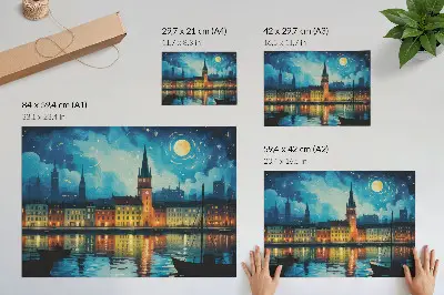 Poster night city reflections with water lamp glow