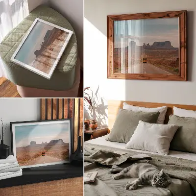 Decorative canvas print a straight road with monumental mountains in warm colors