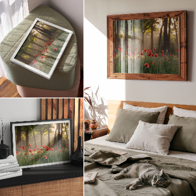 Photo canvas Red poppies green forest sun rays