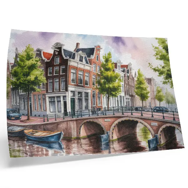 Photo canvas charming tenement houses by the canal with green trees and calm water