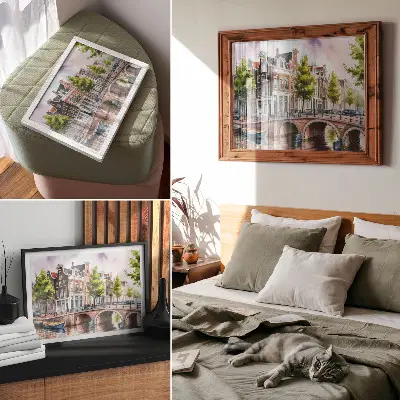Photo canvas charming tenement houses by the canal with green trees and calm water