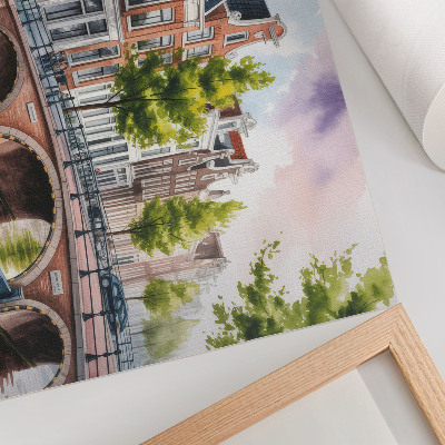 Photo canvas Charming tenement houses by the canal, green trees, calm water