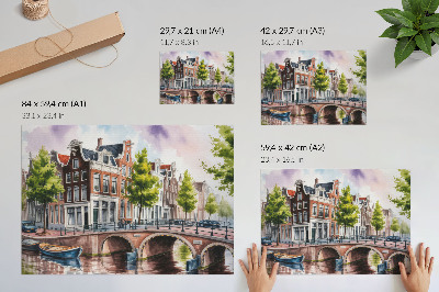 Photo canvas Charming tenement houses by the canal, green trees, calm water