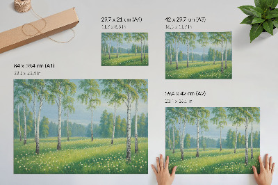 Poster Majestic birch trees green meadow flowers