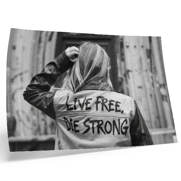 Poster black jacket with inscriptions featuring strong composition and contrast