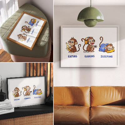Decorative canvas print Funny illustrations of a monkey eating, playing, sleeping