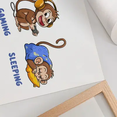 Decorative canvas print featuring funny illustrations of a monkey eating, playing, and sleeping