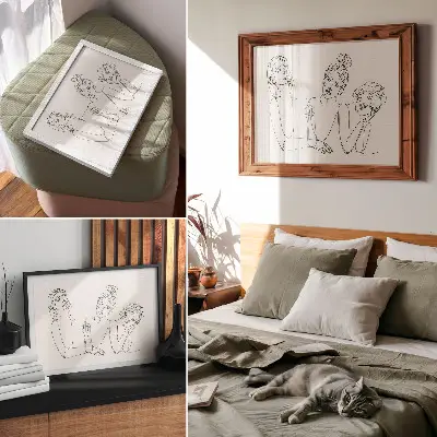 Decorative canvas print featuring black and white lines depicting delicacy and the intimacy of the characters