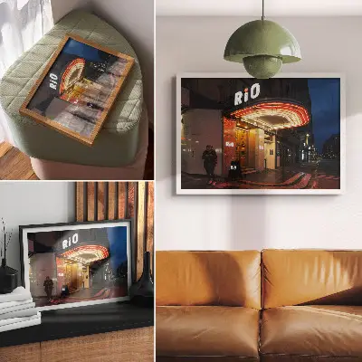 Decorative canvas print retro cinema neon lights in red and cream