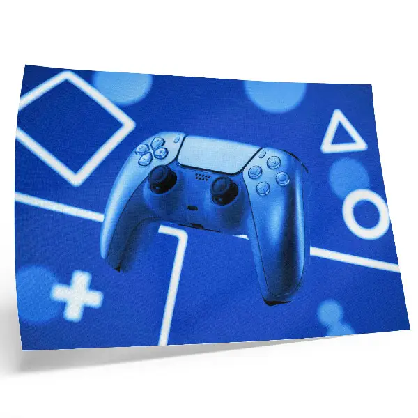 Photo canvas game controller with a blue geometric background