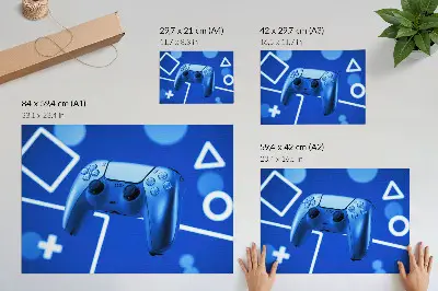 Photo canvas game controller with a blue geometric background