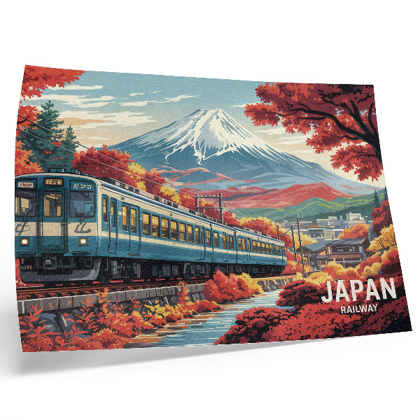 Decorative canvas print A train against the backdrop of mountains and the autumn colors of nature