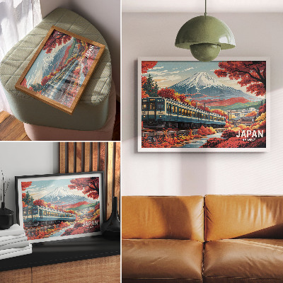 Decorative canvas print A train against the backdrop of mountains and the autumn colors of nature