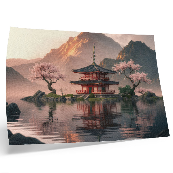 Decorative canvas print Oriental building mountains lake cherries harmony