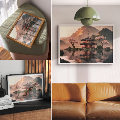 Decorative canvas print Oriental building mountains lake cherries harmony
