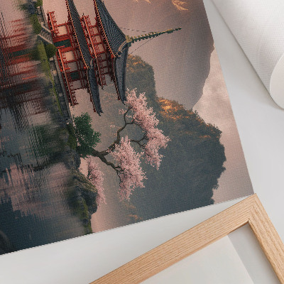 Decorative canvas print Oriental building mountains lake cherries harmony