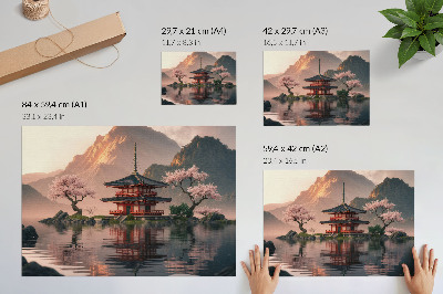 Decorative canvas print Oriental building mountains lake cherries harmony