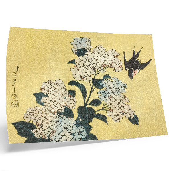 Photo canvas Hydrangea and the Swallow (1833) – a color woodcut by Hokusai