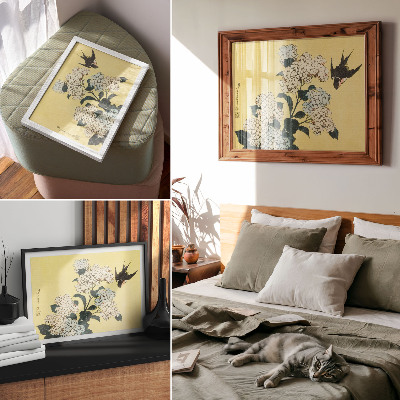 Photo canvas Hydrangea and the Swallow (1833) – a color woodcut by Hokusai