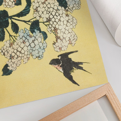 Photo canvas Hydrangea and the Swallow (1833) – a color woodcut by Hokusai