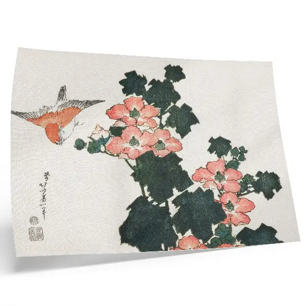 Decorative canvas print Red Roses and a Bird by Katsushiki Hokusai vintage Japanese woodblock art