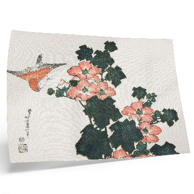Decorative canvas print Red Roses and a Bird by Katsushiki Hokusai (1760–1849), vintage Japanese woodblock print