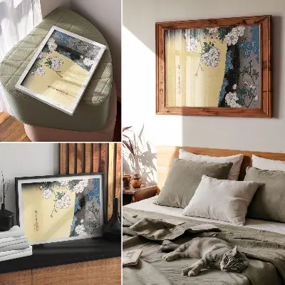 Photo canvas featuring the 1837 vintage Japanese woodblock print of cherry blossoms by Utagawa Hiroshige