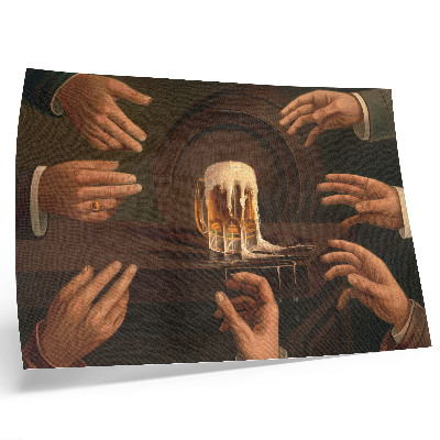 Poster Seven male hands surrounding a mug of beer