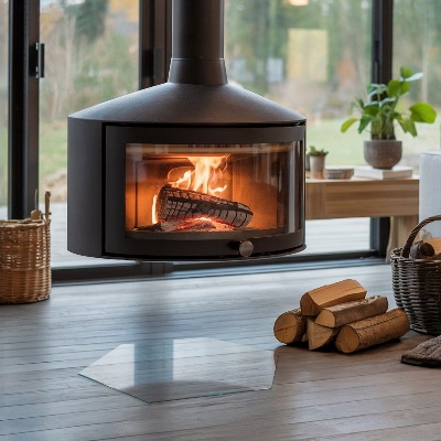 Glass hearth for log burner hexagonal transparent