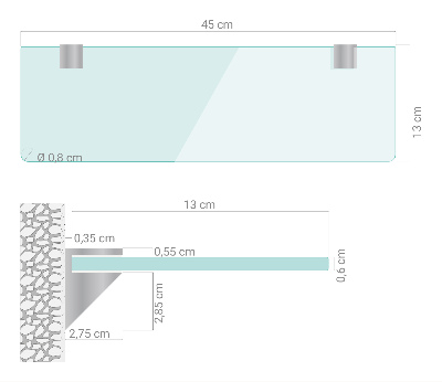 Wall-mounted glass shelf transparent