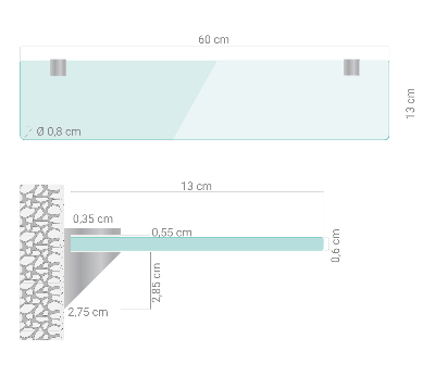 Wall-mounted glass shelf transparent