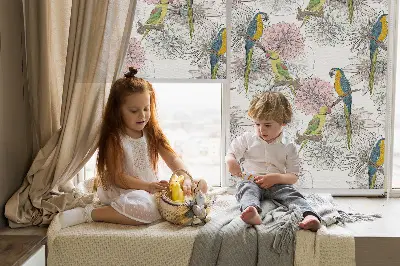 Fabric roller blind with a parrots on a branch print