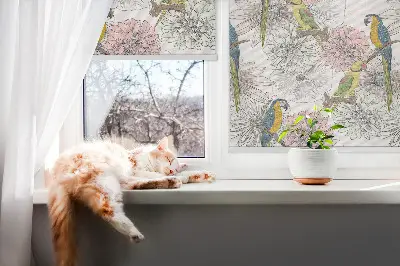Fabric roller blind with a parrots on a branch print