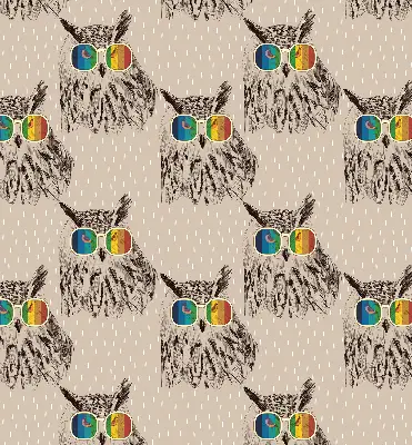 Roller blind for large window with owls wearing colorful glasses