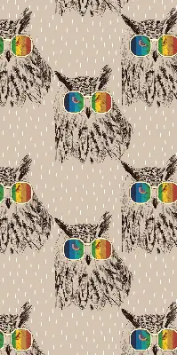 Roller blind for large window with owls wearing colorful glasses