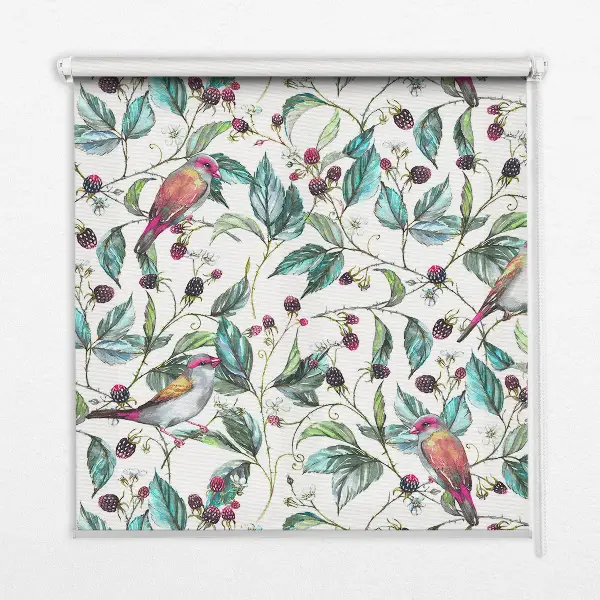 Roller blind for large window with a blue leaves and colorful birds pattern