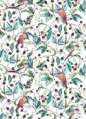 Roller blind for large window Blue leaves and colorful birds