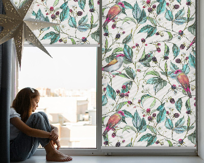 Roller blind for large window Blue leaves and colorful birds